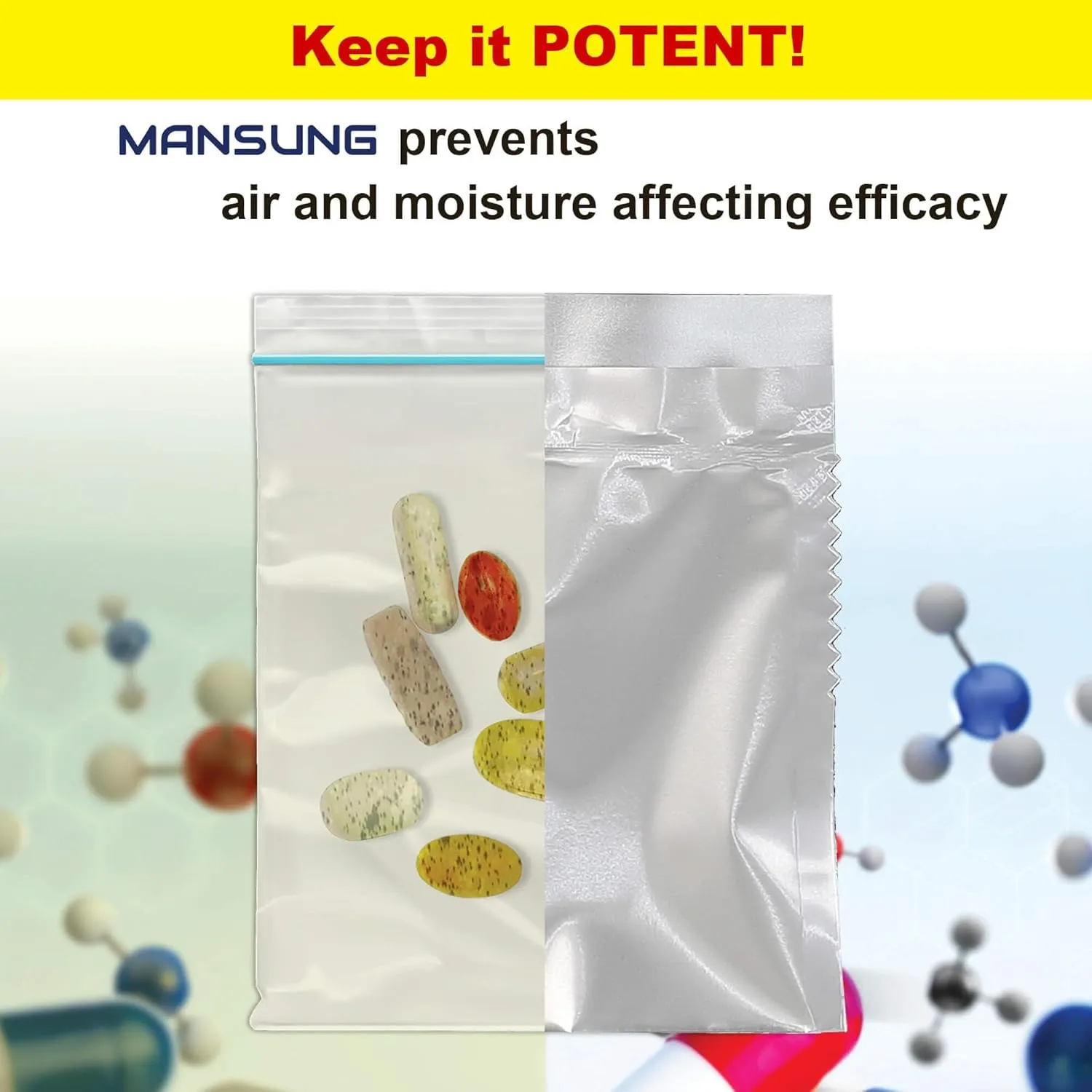 Mansung M 600 Mylar Heat Seal Pill Bags -Labeled 2.7x3.5 inch - Aluminum Foil Packets Pillsuite Organizer Smell Proof Packaging Easy Tear Open Top Pillpack Packets for Travel Food Storage Pouche Pack