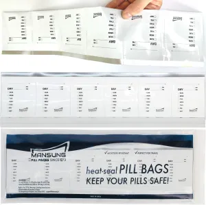 Mansung M 600 Mylar Heat Seal Pill Bags -Labeled 2.7x3.5 inch - Aluminum Foil Packets Pillsuite Organizer Smell Proof Packaging Easy Tear Open Top Pillpack Packets for Travel Food Storage Pouche Pack