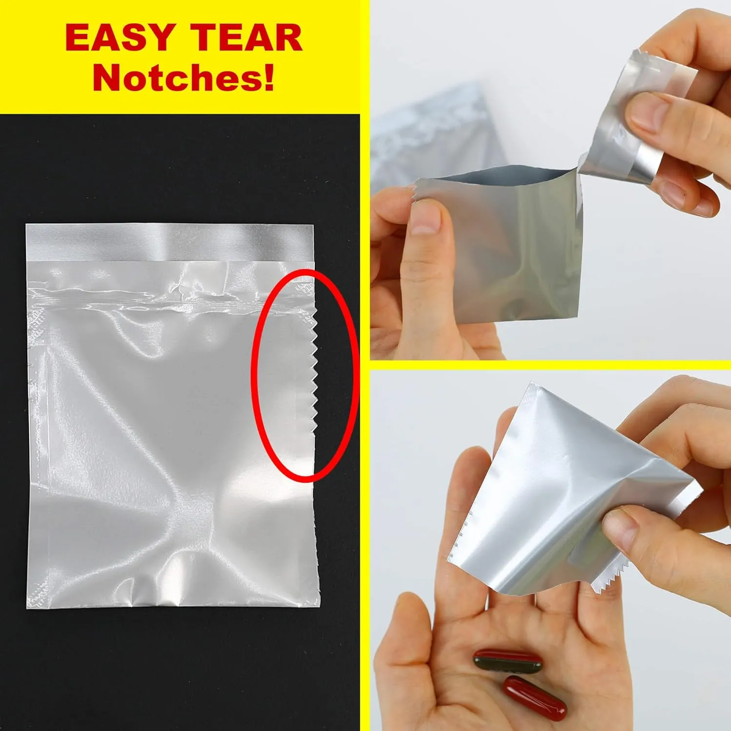 Mansung M 600 Mylar Heat Seal Pill Bags -Labeled 2.7x3.5 inch - Aluminum Foil Packets Pillsuite Organizer Smell Proof Packaging Easy Tear Open Top Pillpack Packets for Travel Food Storage Pouche Pack