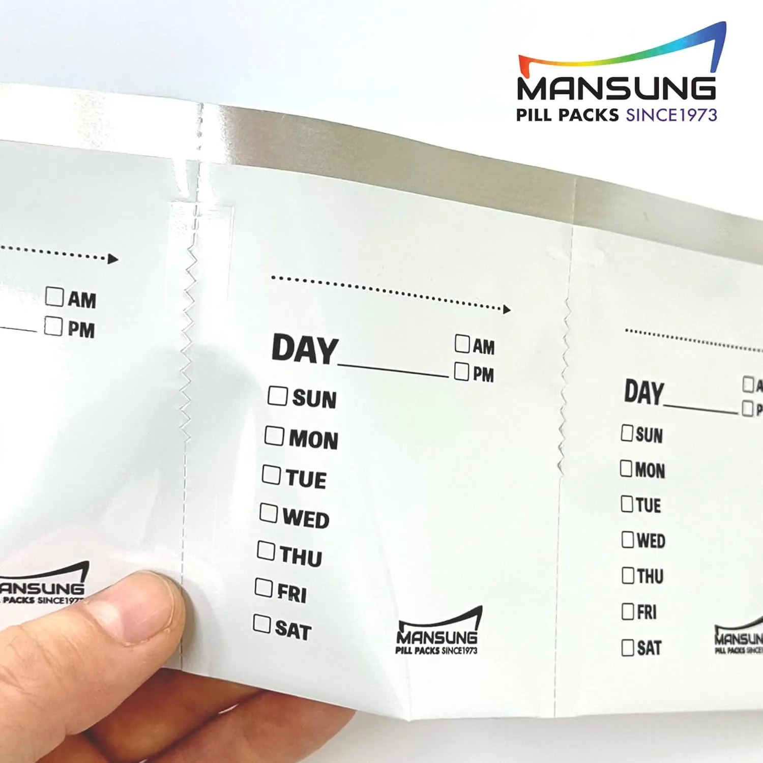 Mansung M 600 Mylar Heat Seal Pill Bags -Labeled 2.7x3.5 inch - Aluminum Foil Packets Pillsuite Organizer Smell Proof Packaging Easy Tear Open Top Pillpack Packets for Travel Food Storage Pouche Pack