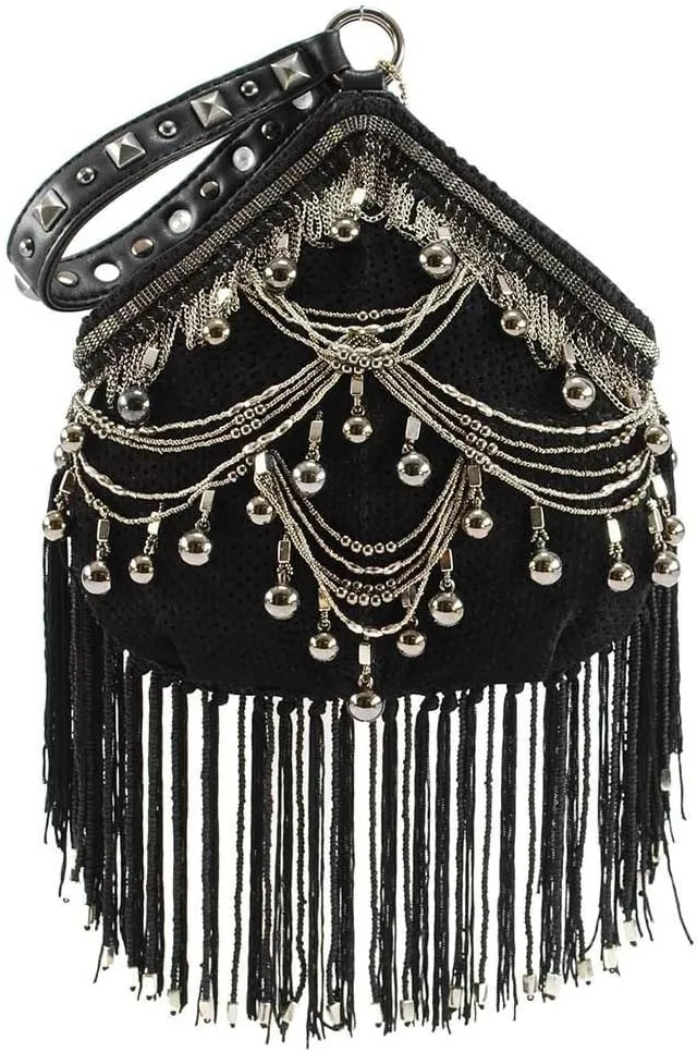 Mary Frances Swag Embellished Leather Wristlet Handbag, Black
