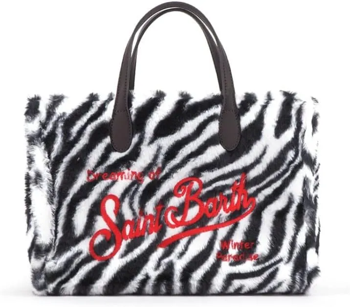 MC2 St. Barth Women's Black White Zebra Print Wool Leather Tote Handbag