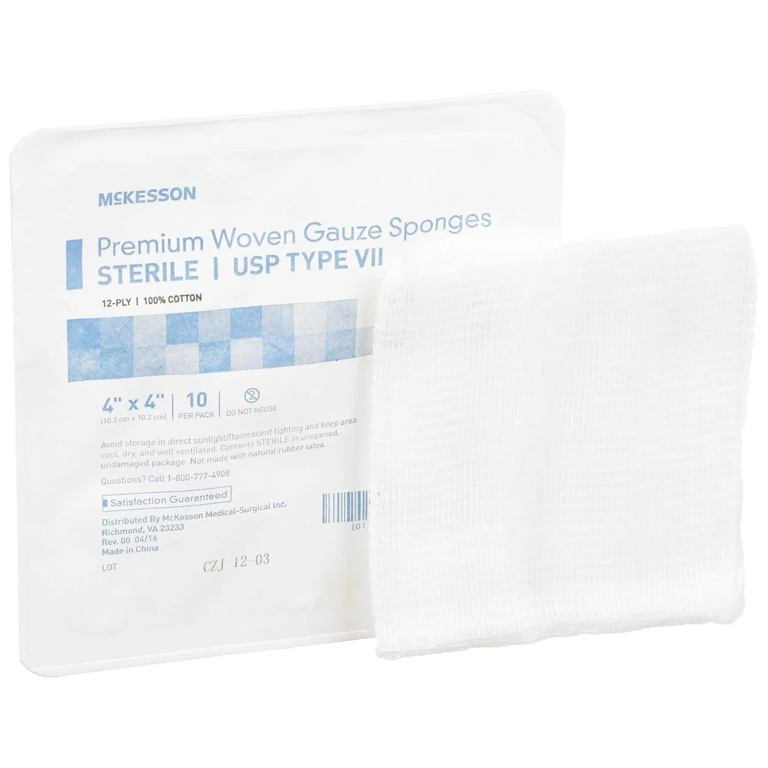 McKesson Premium Woven Gauze Sponges, Sterile, 12-Ply, USP Type VII, 100% Cotton, 4 in x 4 in, 10 per Pack, 128 Packs, 1280 Total