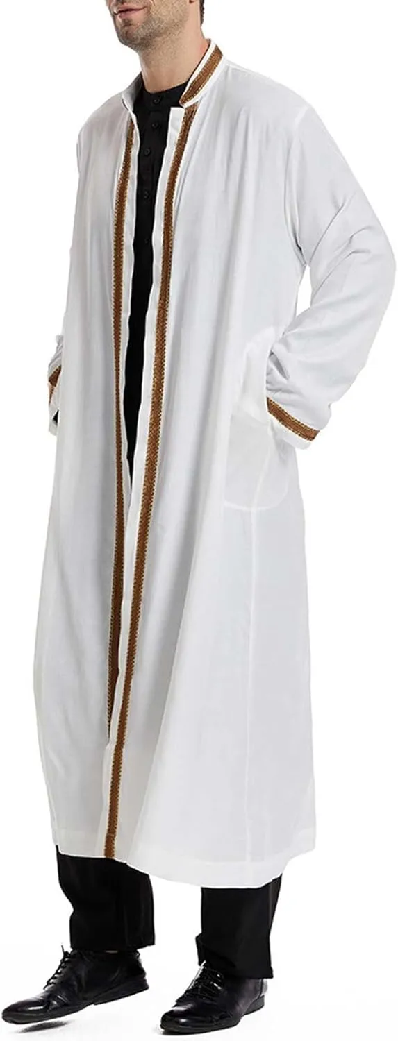 Men's Arab Muslim Kaftan Gold Embroidery Islamic Saudi Thobe Stand Collar Long Sleeve Open Front Robe Middle East Dubai Dress