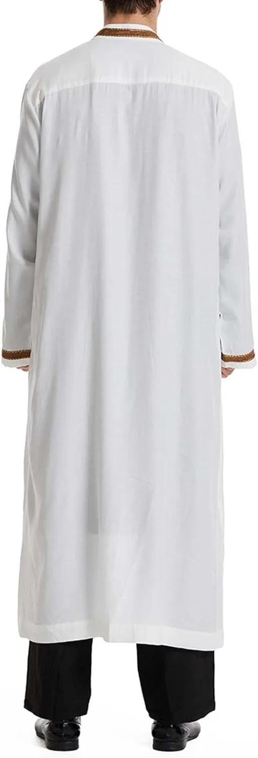 Men's Arab Muslim Kaftan Gold Embroidery Islamic Saudi Thobe Stand Collar Long Sleeve Open Front Robe Middle East Dubai Dress