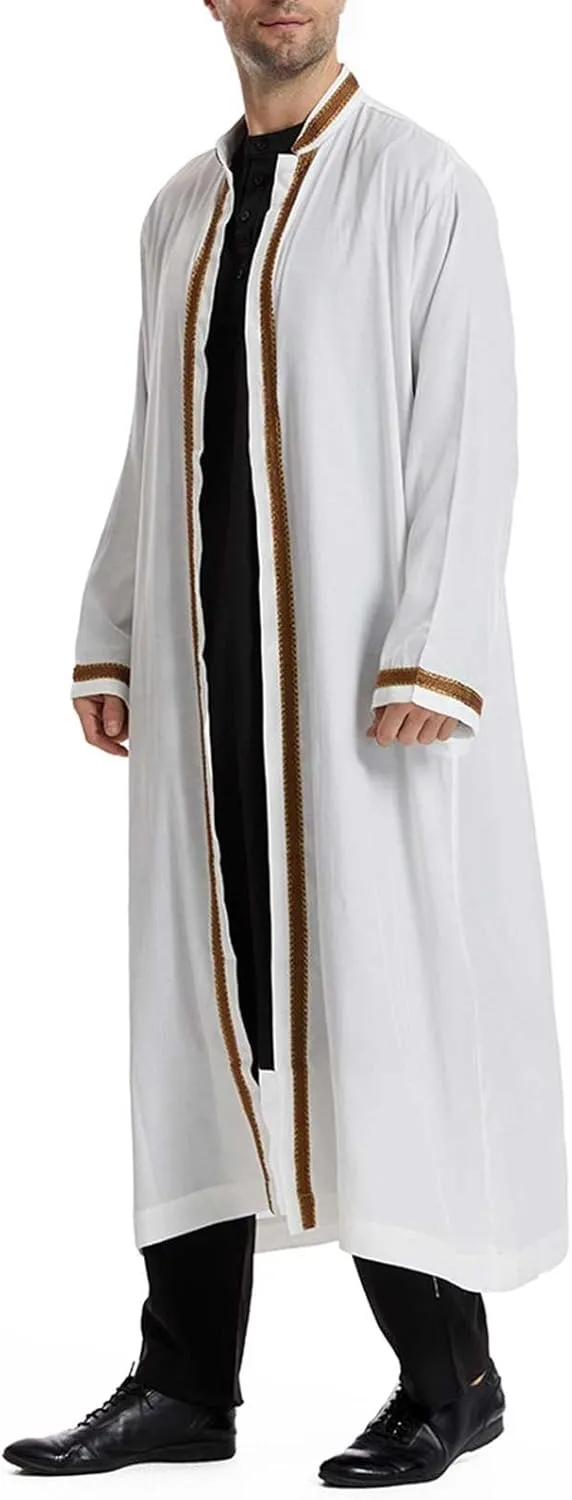 Men's Arab Muslim Kaftan Gold Embroidery Islamic Saudi Thobe Stand Collar Long Sleeve Open Front Robe Middle East Dubai Dress