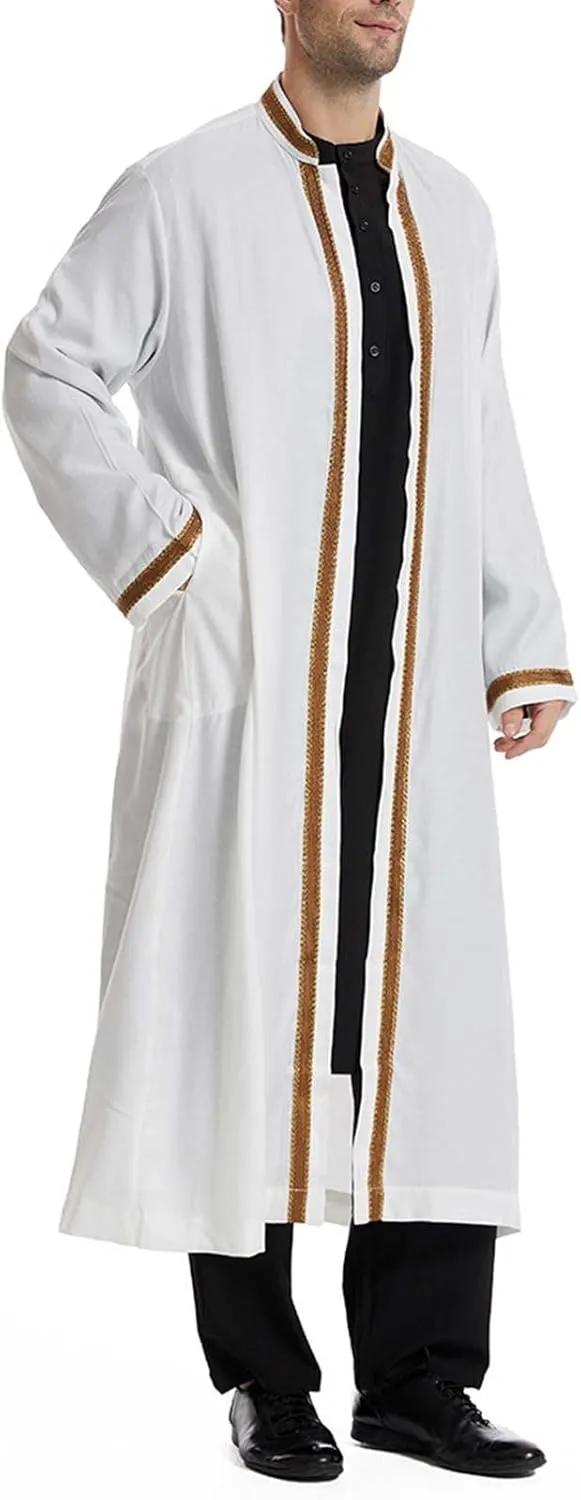 Men's Arab Muslim Kaftan Gold Embroidery Islamic Saudi Thobe Stand Collar Long Sleeve Open Front Robe Middle East Dubai Dress
