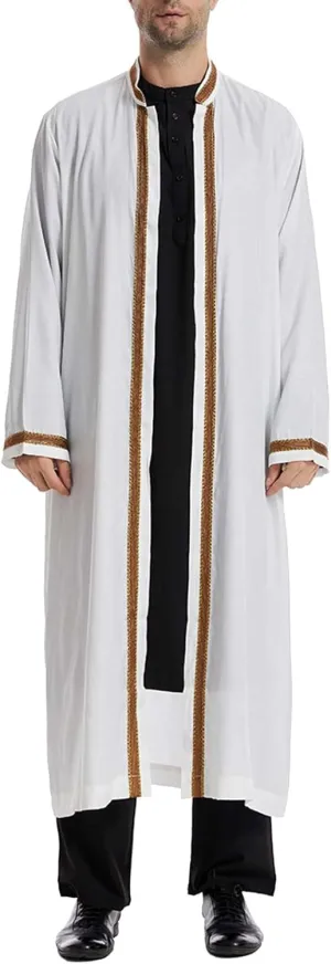Men's Arab Muslim Kaftan Gold Embroidery Islamic Saudi Thobe Stand Collar Long Sleeve Open Front Robe Middle East Dubai Dress