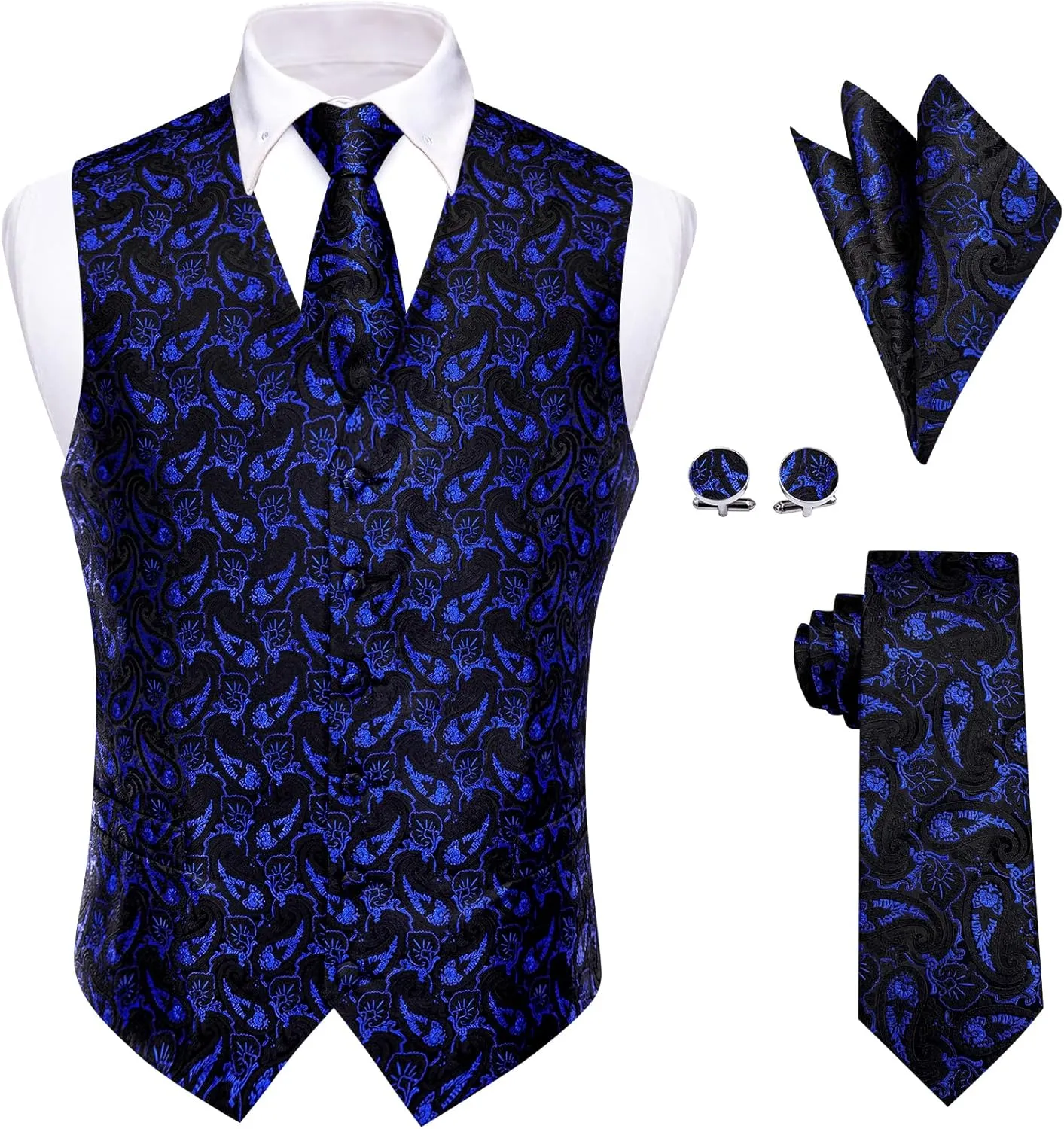 Mens Suit Vest 4PC Silk Paisley Vest with Necktie Pocket Square Cufflinks Formal Woven Waistcoat for Suit Tuxedo