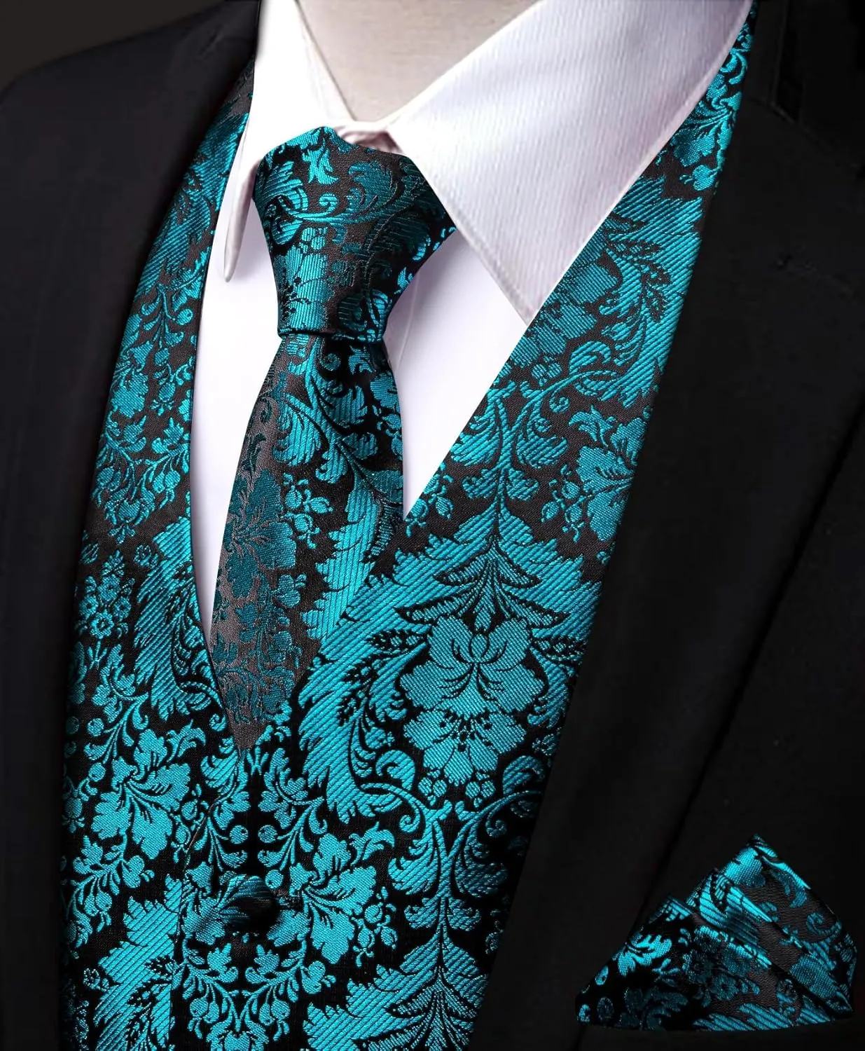 Mens Suit Vest 4PC Silk Paisley Vest with Necktie Pocket Square Cufflinks Formal Woven Waistcoat for Suit Tuxedo