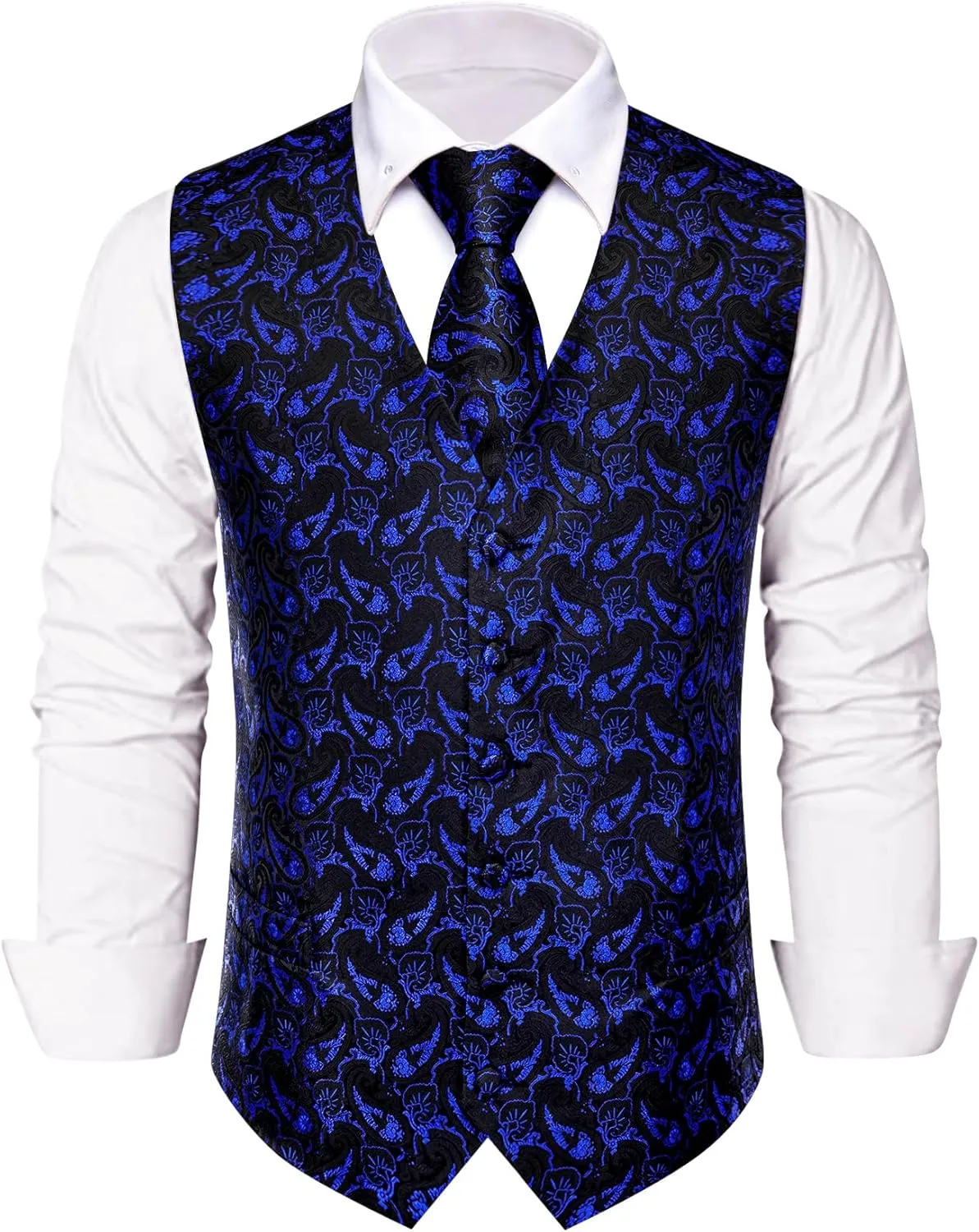 Mens Suit Vest 4PC Silk Paisley Vest with Necktie Pocket Square Cufflinks Formal Woven Waistcoat for Suit Tuxedo