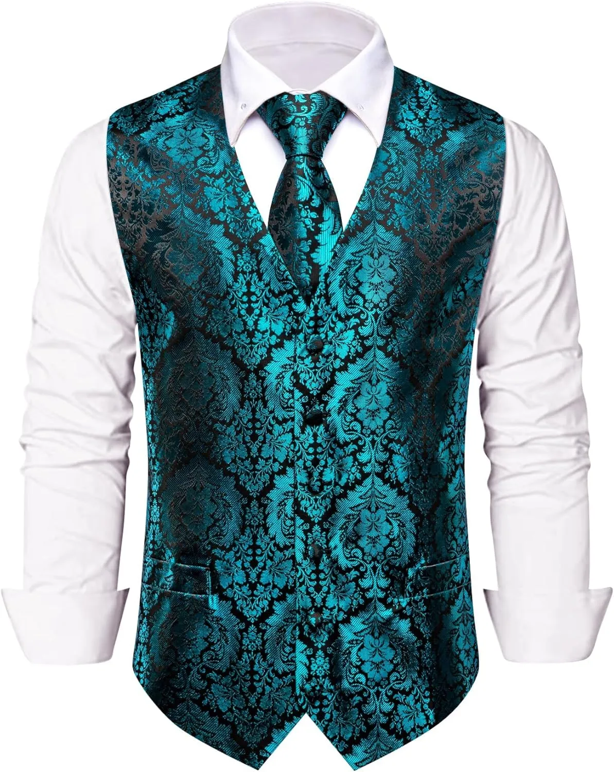 Mens Suit Vest 4PC Silk Paisley Vest with Necktie Pocket Square Cufflinks Formal Woven Waistcoat for Suit Tuxedo