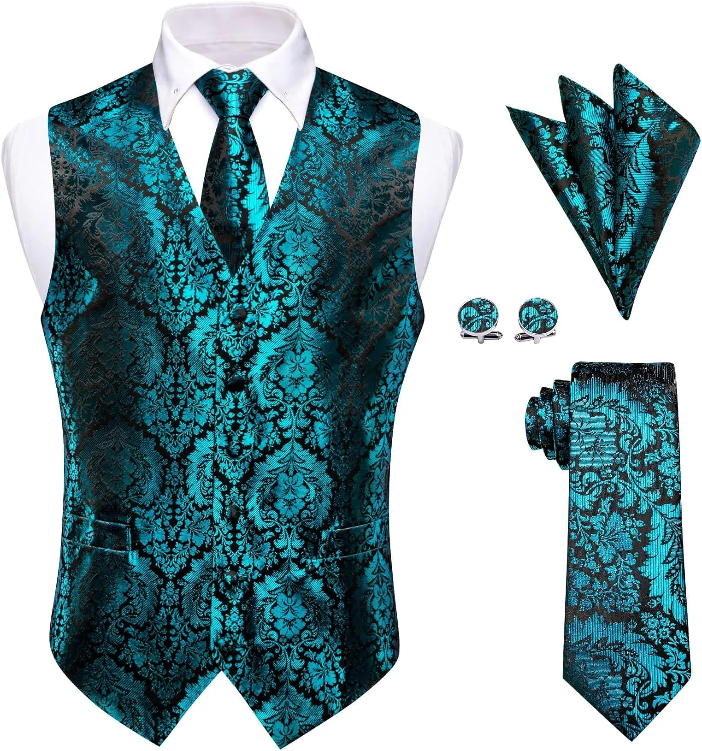 Mens Suit Vest 4PC Silk Paisley Vest with Necktie Pocket Square Cufflinks Formal Woven Waistcoat for Suit Tuxedo
