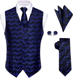 Mens Suit Vest 4PC Silk Paisley Vest with Necktie Pocket Square Cufflinks Formal Woven Waistcoat for Suit Tuxedo