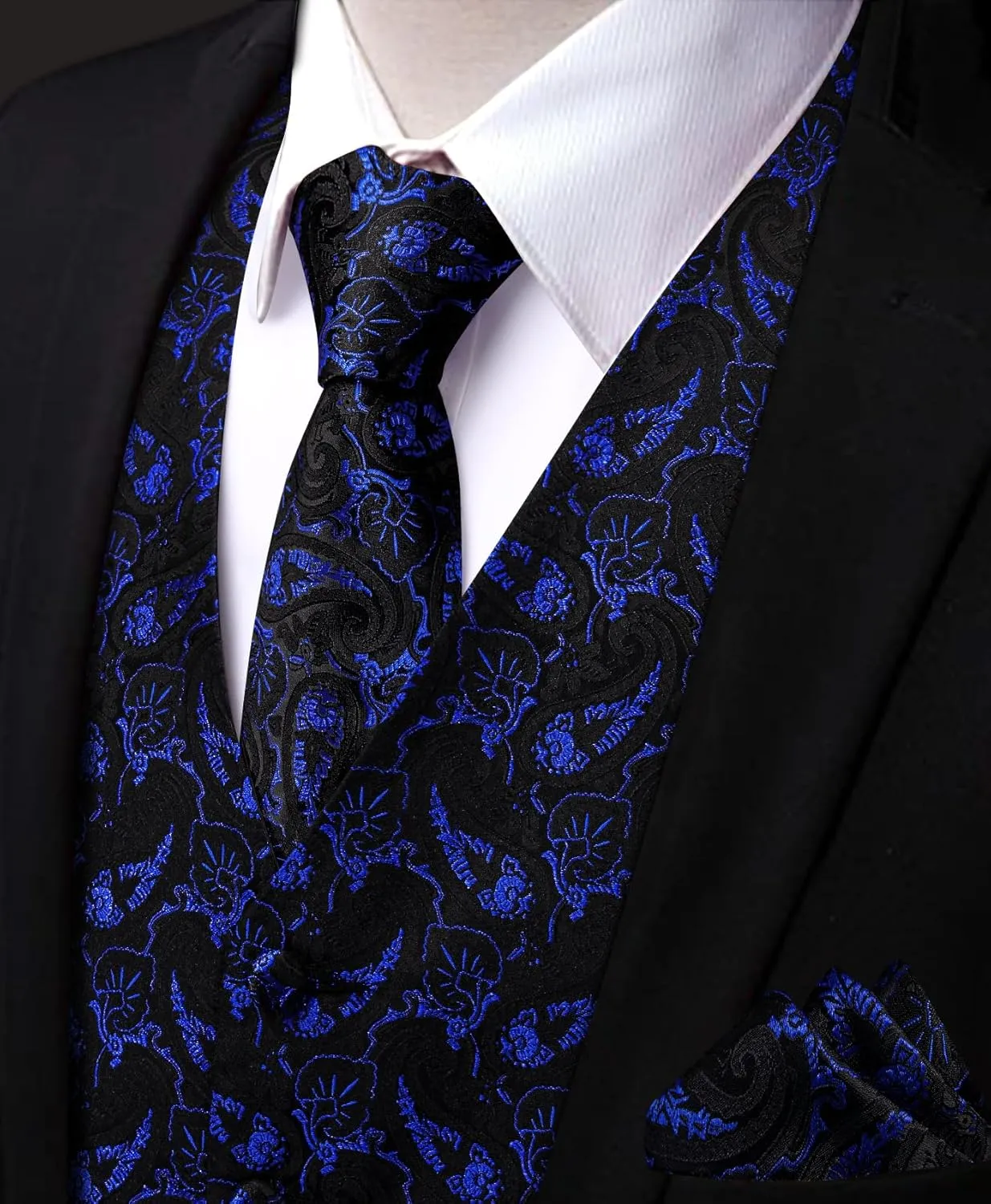Mens Suit Vest 4PC Silk Paisley Vest with Necktie Pocket Square Cufflinks Formal Woven Waistcoat for Suit Tuxedo