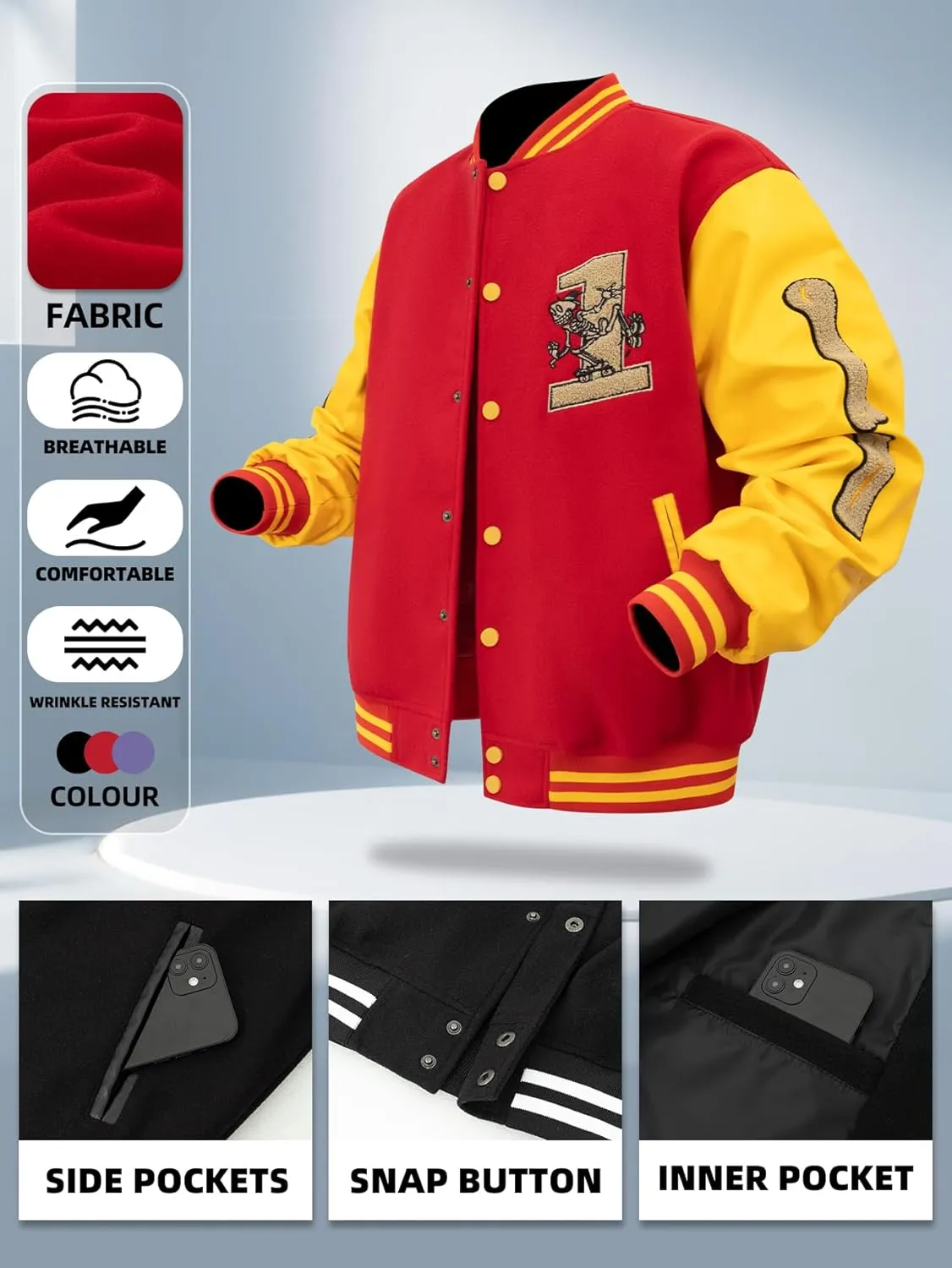 Mens Varsity Jackets Vintage Skeleton Embroidery Bomber Jacket For Fall&winter Halloween costumes Outerwear Coat