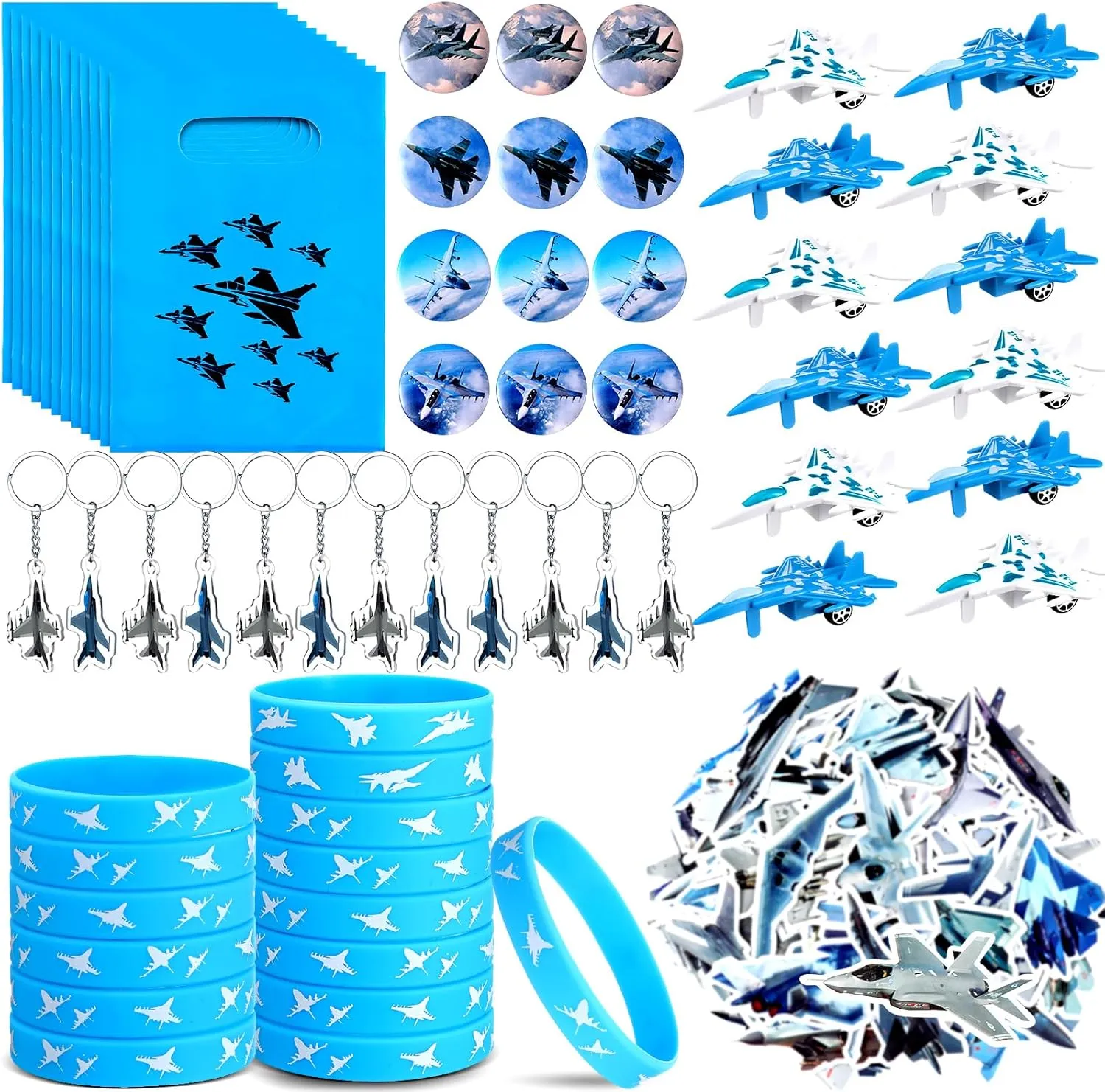 Meooeck 110 Pcs Airplane Party Decorations Fighter Jet Birthday Party Supplies with 12 Airplane Toys, 12 Silicone Bracelets, 12 Button Pins, 12 Keychains, 12 Bags, 50 Sticker for Party Favor