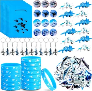 Meooeck 110 Pcs Airplane Party Decorations Fighter Jet Birthday Party Supplies with 12 Airplane Toys, 12 Silicone Bracelets, 12 Button Pins, 12 Keychains, 12 Bags, 50 Sticker for Party Favor