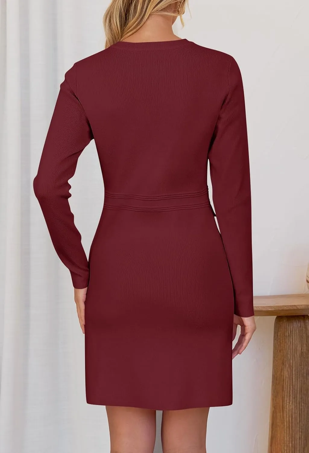 MEROKEETY Women's Long Sleeve Bodycon Sweater Dress Button Crew Neck Elegant Formal Mini Dresses