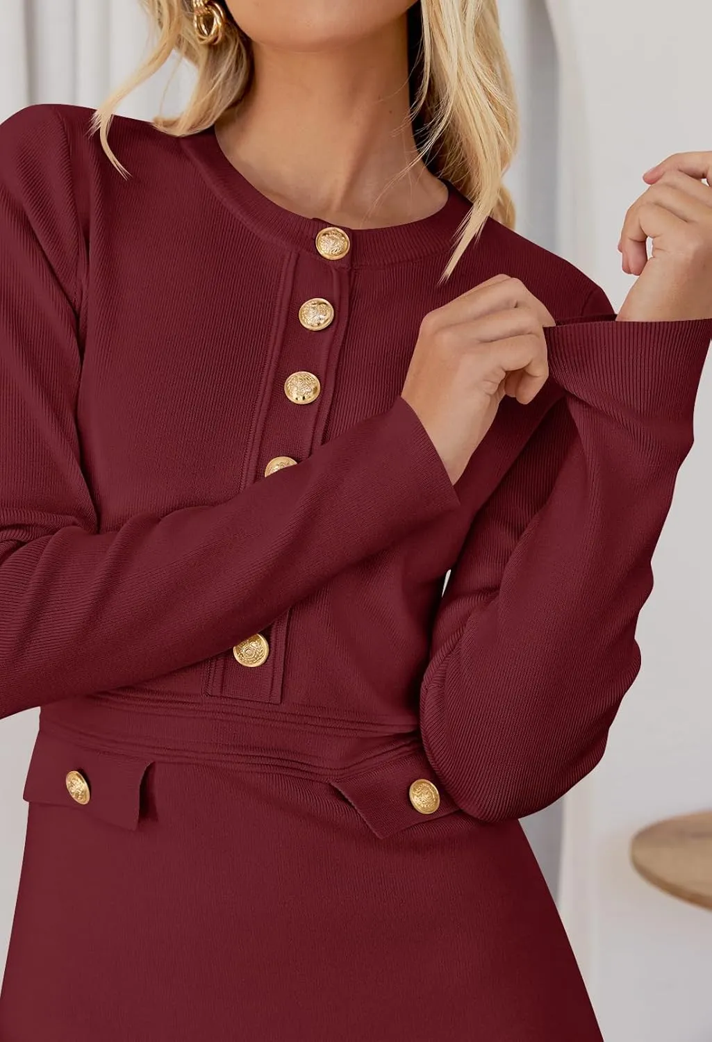 MEROKEETY Women's Long Sleeve Bodycon Sweater Dress Button Crew Neck Elegant Formal Mini Dresses