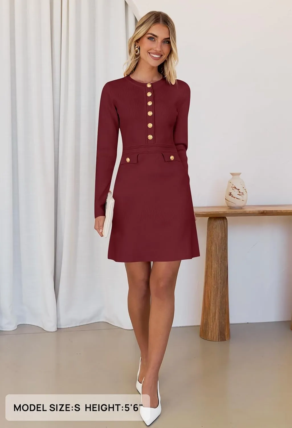 MEROKEETY Women's Long Sleeve Bodycon Sweater Dress Button Crew Neck Elegant Formal Mini Dresses