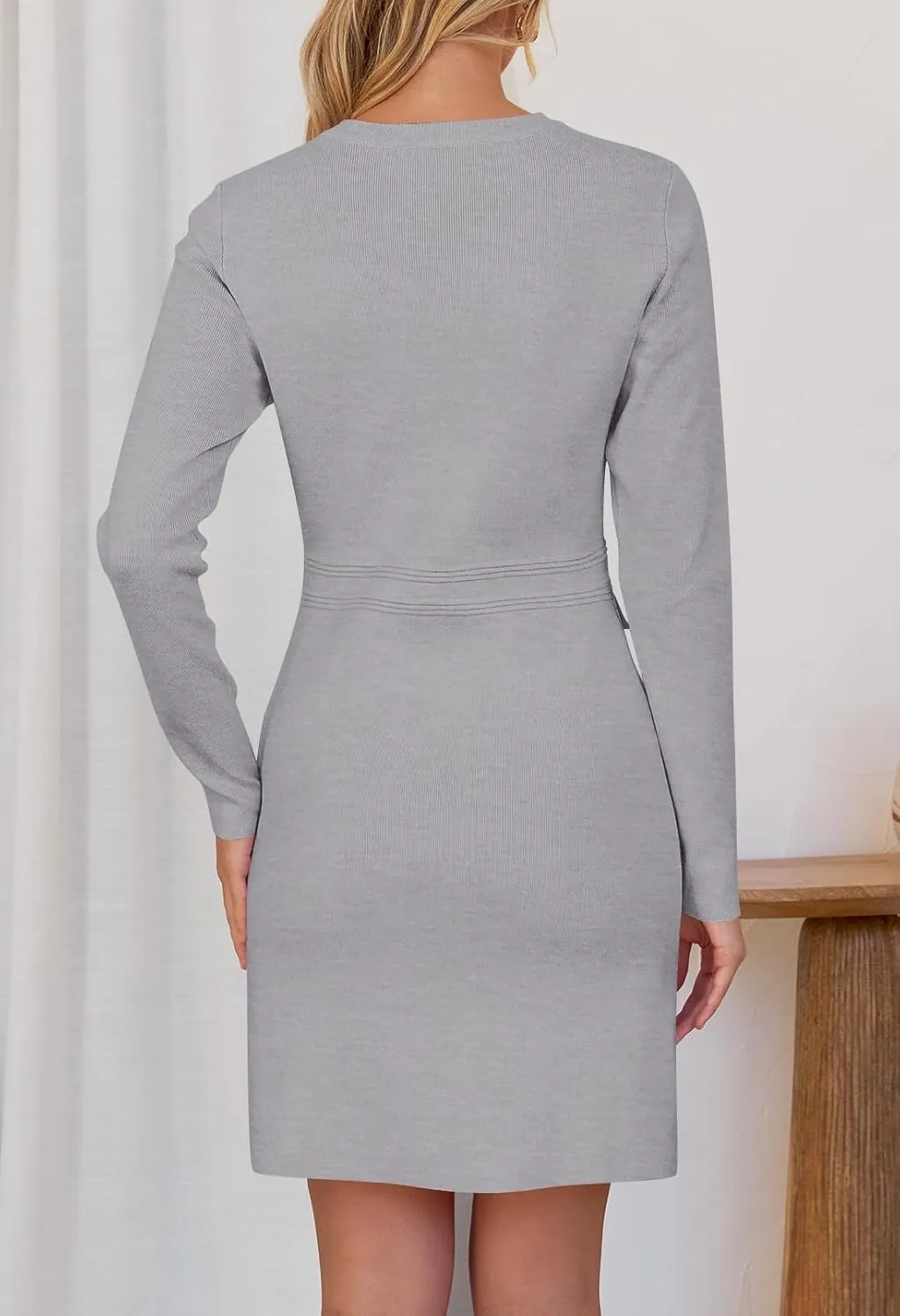 MEROKEETY Women's Long Sleeve Bodycon Sweater Dress Button Crew Neck Elegant Formal Mini Dresses