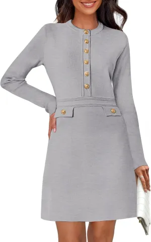 MEROKEETY Women's Long Sleeve Bodycon Sweater Dress Button Crew Neck Elegant Formal Mini Dresses