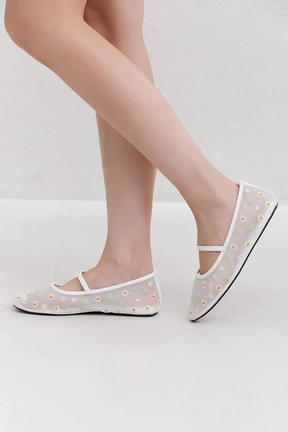 Mesh Flats for Women Mesh Ballet Flat Shoes for Dressy Office Ballerinas Mary Jane Flats with Embroidered