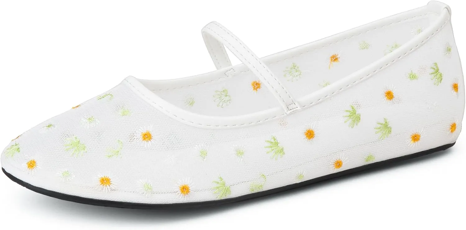 Mesh Flats for Women Mesh Ballet Flat Shoes for Dressy Office Ballerinas Mary Jane Flats with Embroidered