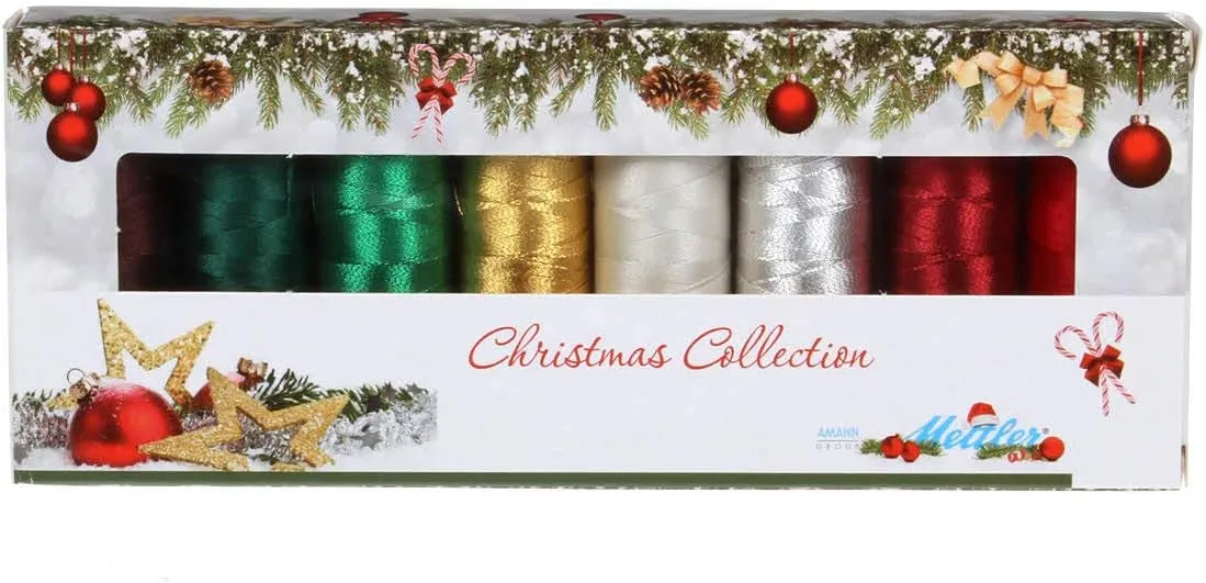 Mettler Thread Poly Sheen and Metallic Sewing Set; 8 Spools Christmas Color Collection