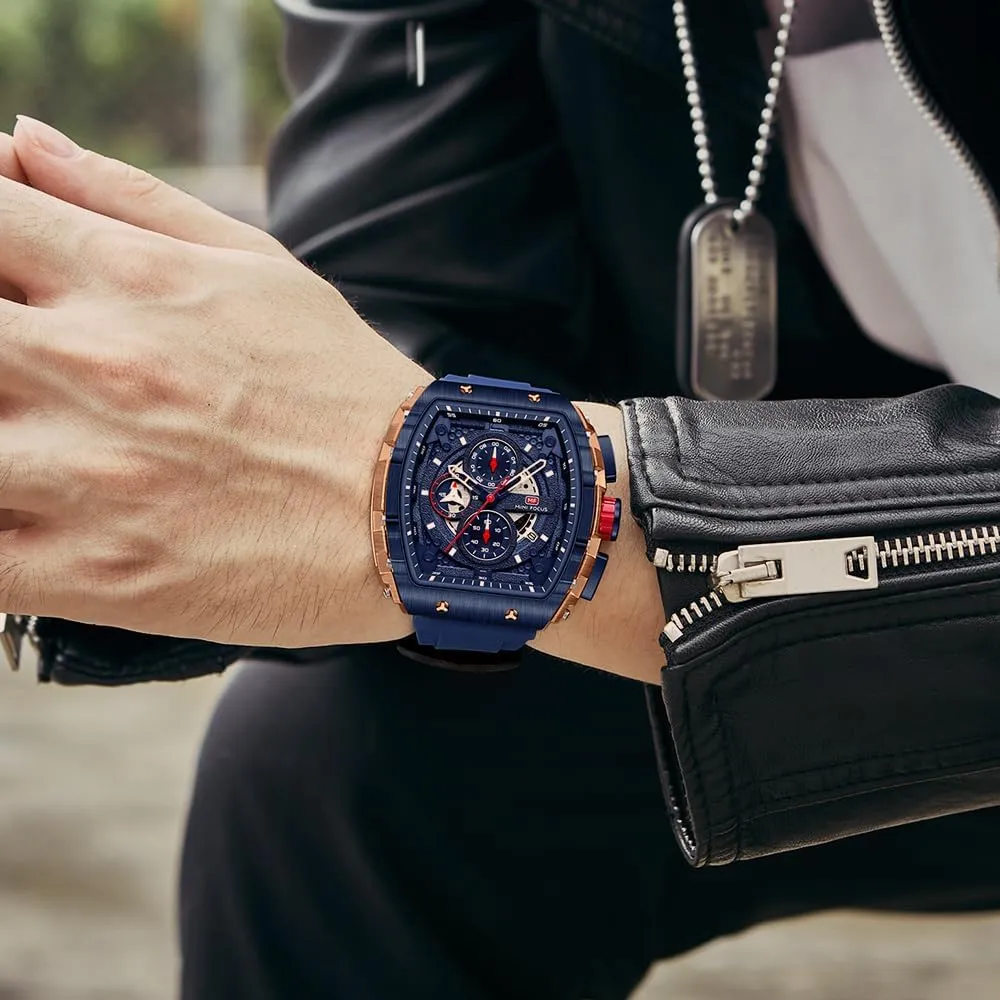 MF MINI FOCUS Men's Watch Fashion Tonneau Wrist Watches (Chronograph/Waterproof/Luminous/Calendar) Silicon Strap Quartz Watch for Men