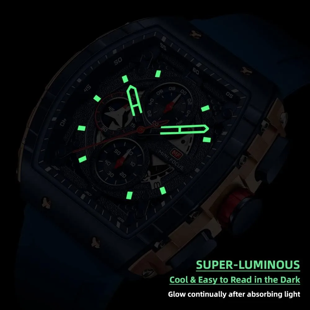MF MINI FOCUS Men's Watch Fashion Tonneau Wrist Watches (Chronograph/Waterproof/Luminous/Calendar) Silicon Strap Quartz Watch for Men