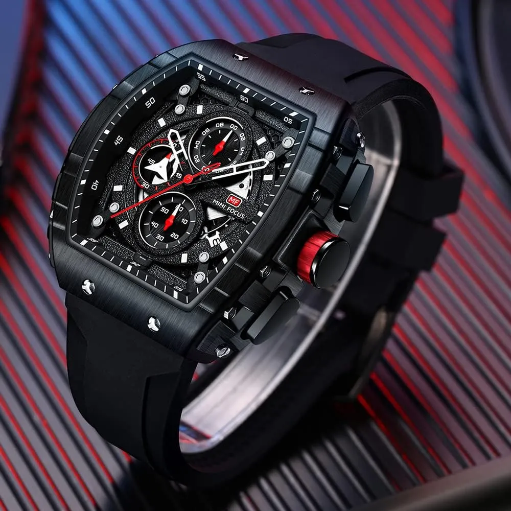 MF MINI FOCUS Men's Watch Fashion Tonneau Wrist Watches (Chronograph/Waterproof/Luminous/Calendar) Silicon Strap Quartz Watch for Men