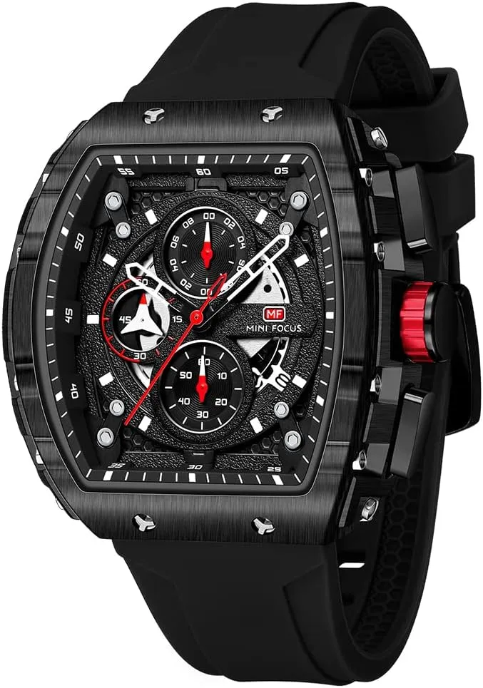 MF MINI FOCUS Men's Watch Fashion Tonneau Wrist Watches (Chronograph/Waterproof/Luminous/Calendar) Silicon Strap Quartz Watch for Men