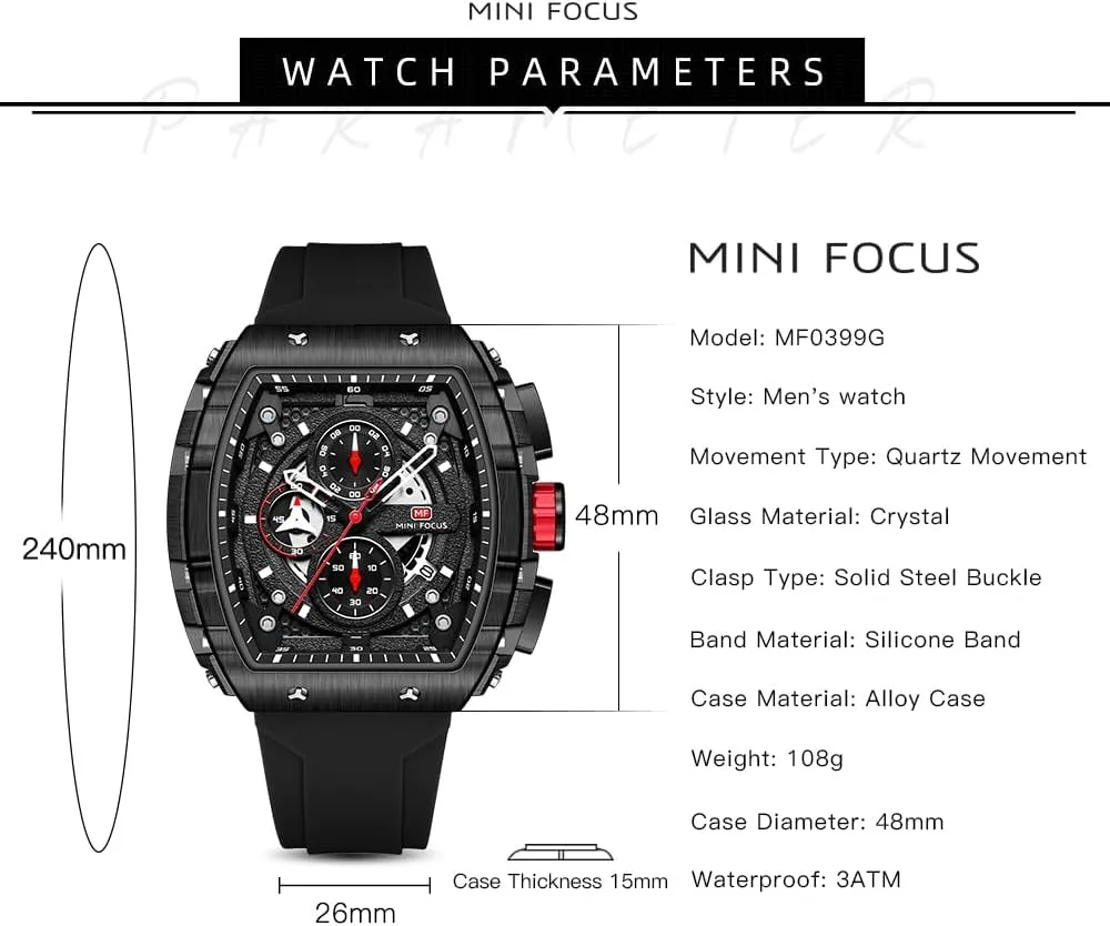 MF MINI FOCUS Men's Watch Fashion Tonneau Wrist Watches (Chronograph/Waterproof/Luminous/Calendar) Silicon Strap Quartz Watch for Men