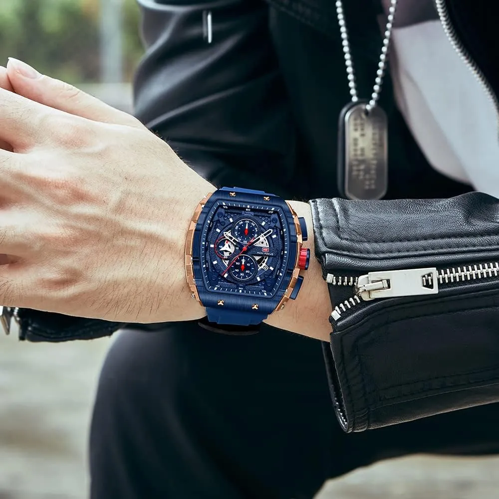 MF MINI FOCUS Men's Watch Fashion Tonneau Wrist Watches (Chronograph/Waterproof/Luminous/Calendar) Silicon Strap Quartz Watch for Men