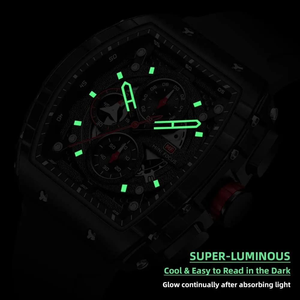 MF MINI FOCUS Men's Watch Fashion Tonneau Wrist Watches (Chronograph/Waterproof/Luminous/Calendar) Silicon Strap Quartz Watch for Men