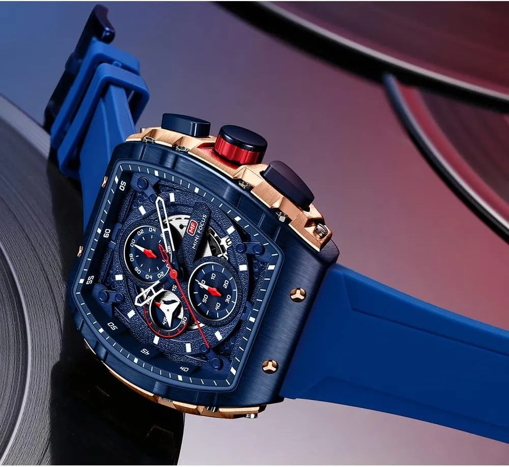 MF MINI FOCUS Men's Watch Fashion Tonneau Wrist Watches (Chronograph/Waterproof/Luminous/Calendar) Silicon Strap Quartz Watch for Men