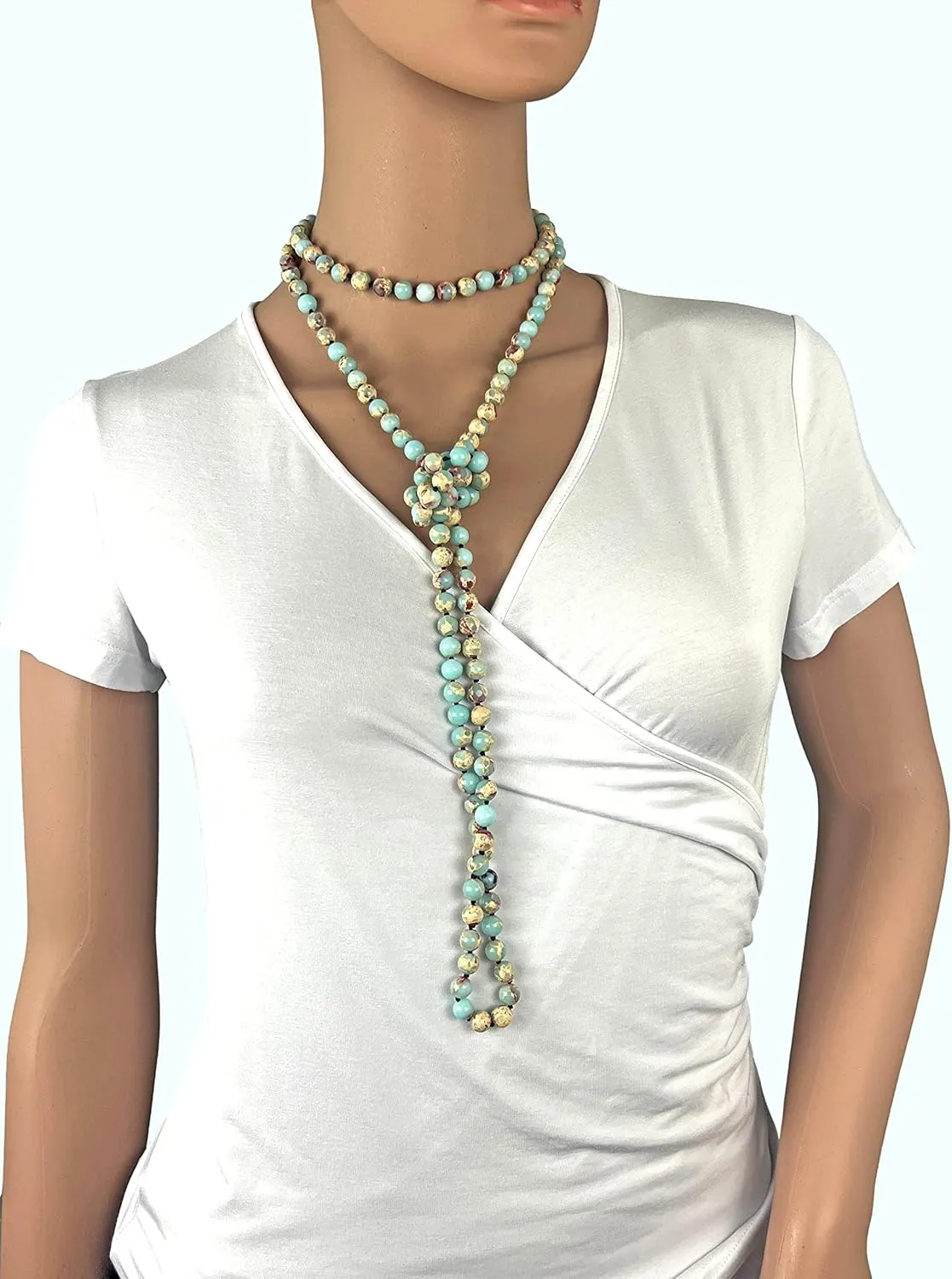 MGR MY GEMS ROCK! 6-8MM Beaded and Hand Knotted Polished Genuine Stone Multi-layer Long Endless Infinity Chakra Mala Style Statement Necklace For Men or Women, 60 Inch Long.