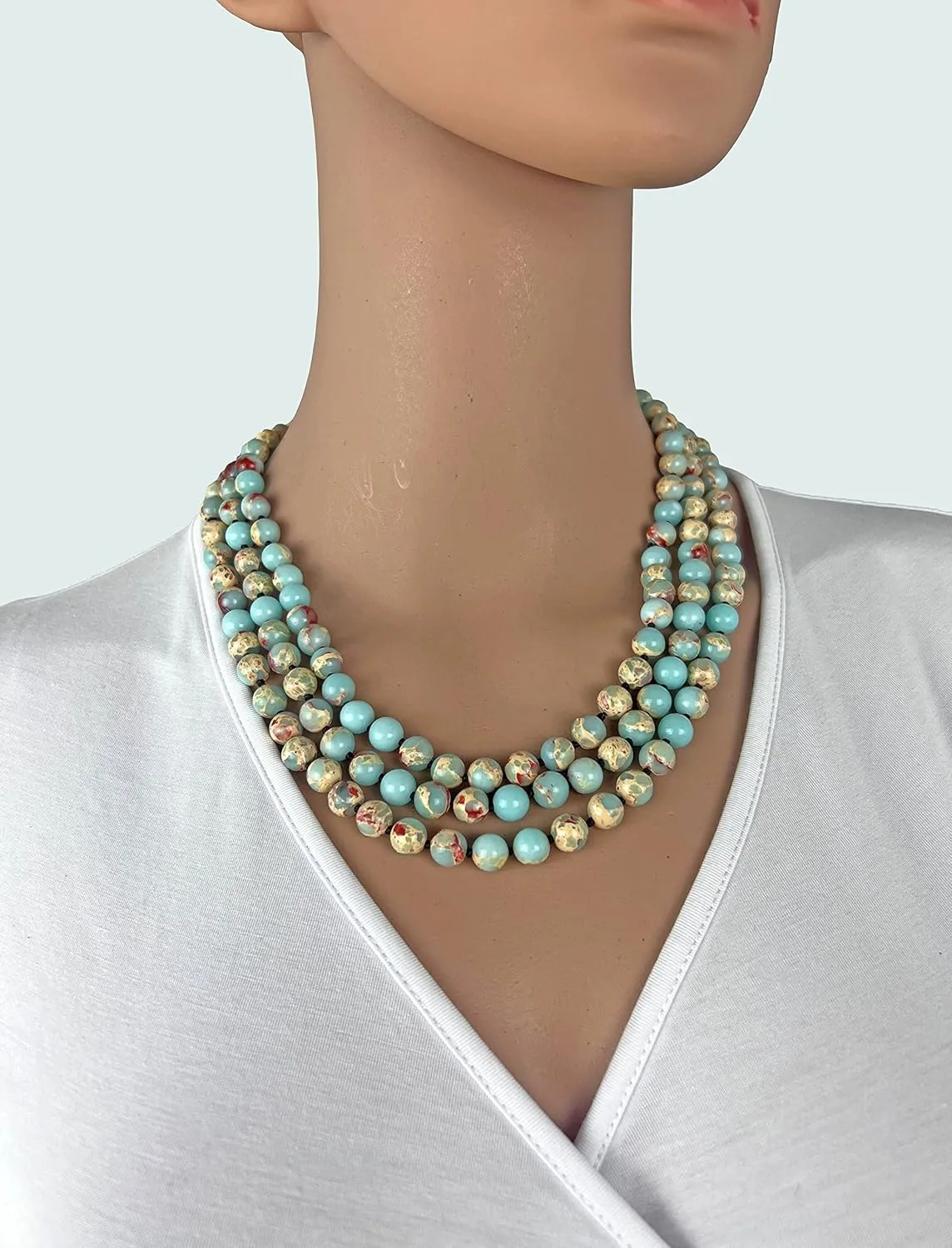 MGR MY GEMS ROCK! 6-8MM Beaded and Hand Knotted Polished Genuine Stone Multi-layer Long Endless Infinity Chakra Mala Style Statement Necklace For Men or Women, 60 Inch Long.
