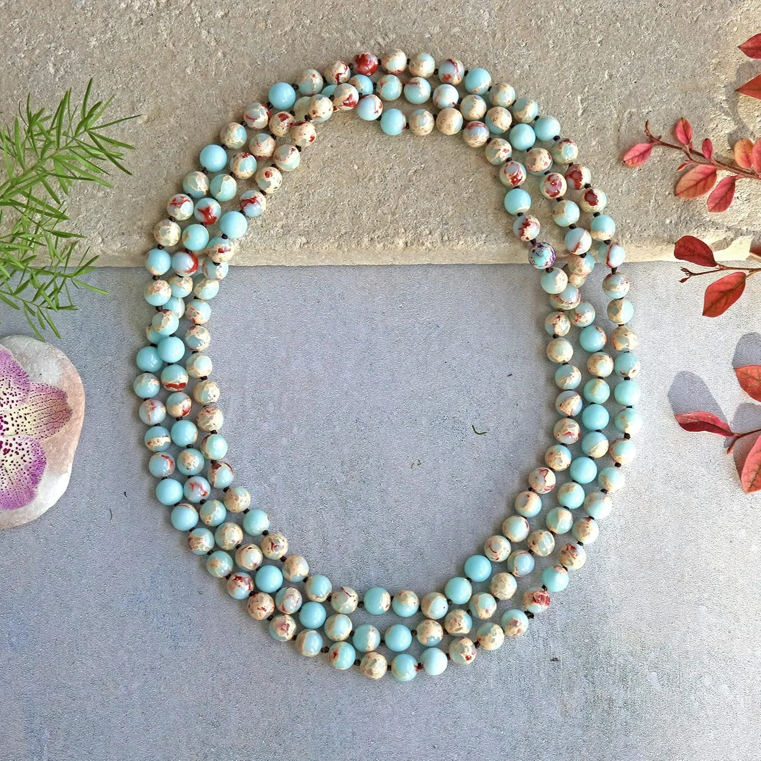 MGR MY GEMS ROCK! 6-8MM Beaded and Hand Knotted Polished Genuine Stone Multi-layer Long Endless Infinity Chakra Mala Style Statement Necklace For Men or Women, 60 Inch Long.