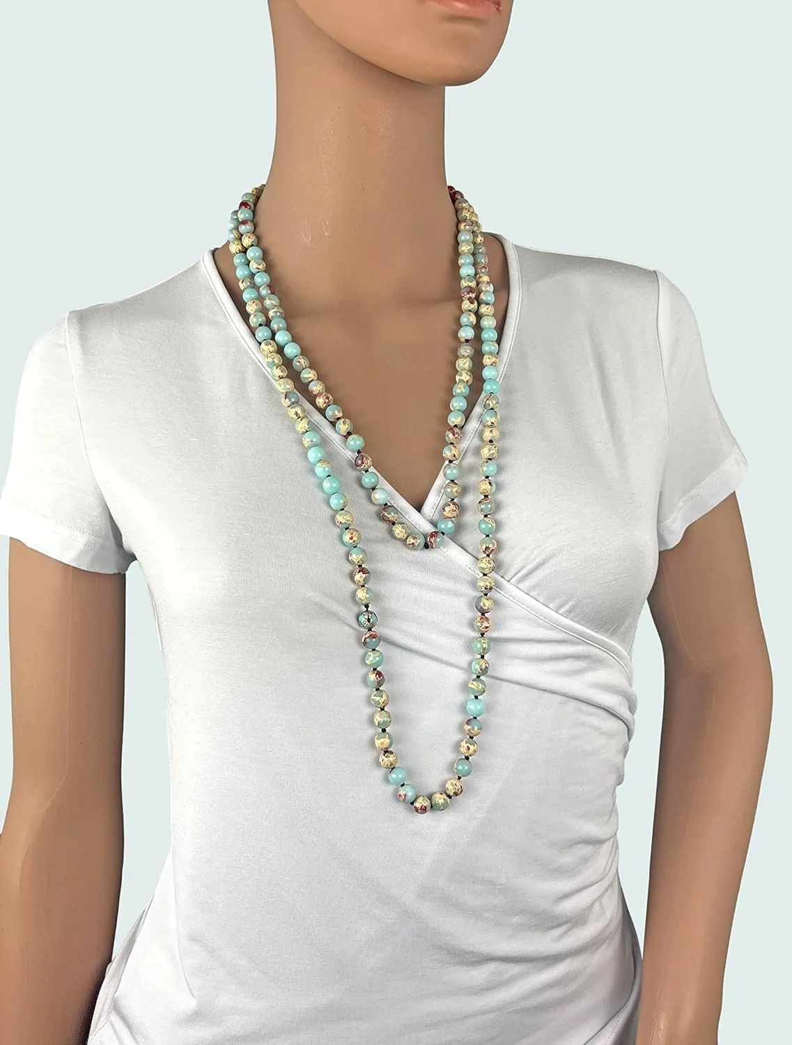 MGR MY GEMS ROCK! 6-8MM Beaded and Hand Knotted Polished Genuine Stone Multi-layer Long Endless Infinity Chakra Mala Style Statement Necklace For Men or Women, 60 Inch Long.