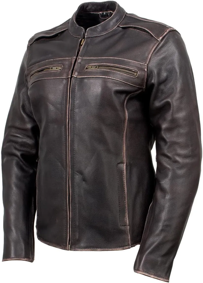 Milwaukee Leather LKL27006 Women's Premium Distress Brown Leather Motorcycle Biker Jacket w/CE Armor Protection - X-Large