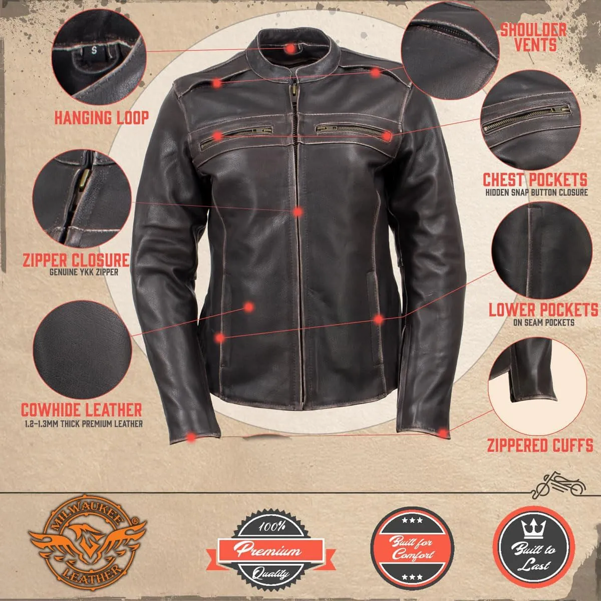 Milwaukee Leather LKL27006 Women's Premium Distress Brown Leather Motorcycle Biker Jacket w/CE Armor Protection - X-Large