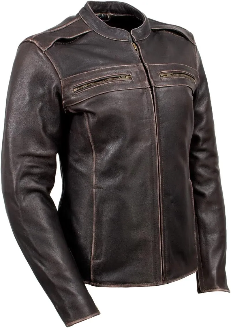 Milwaukee Leather LKL27006 Women's Premium Distress Brown Leather Motorcycle Biker Jacket w/CE Armor Protection - X-Large