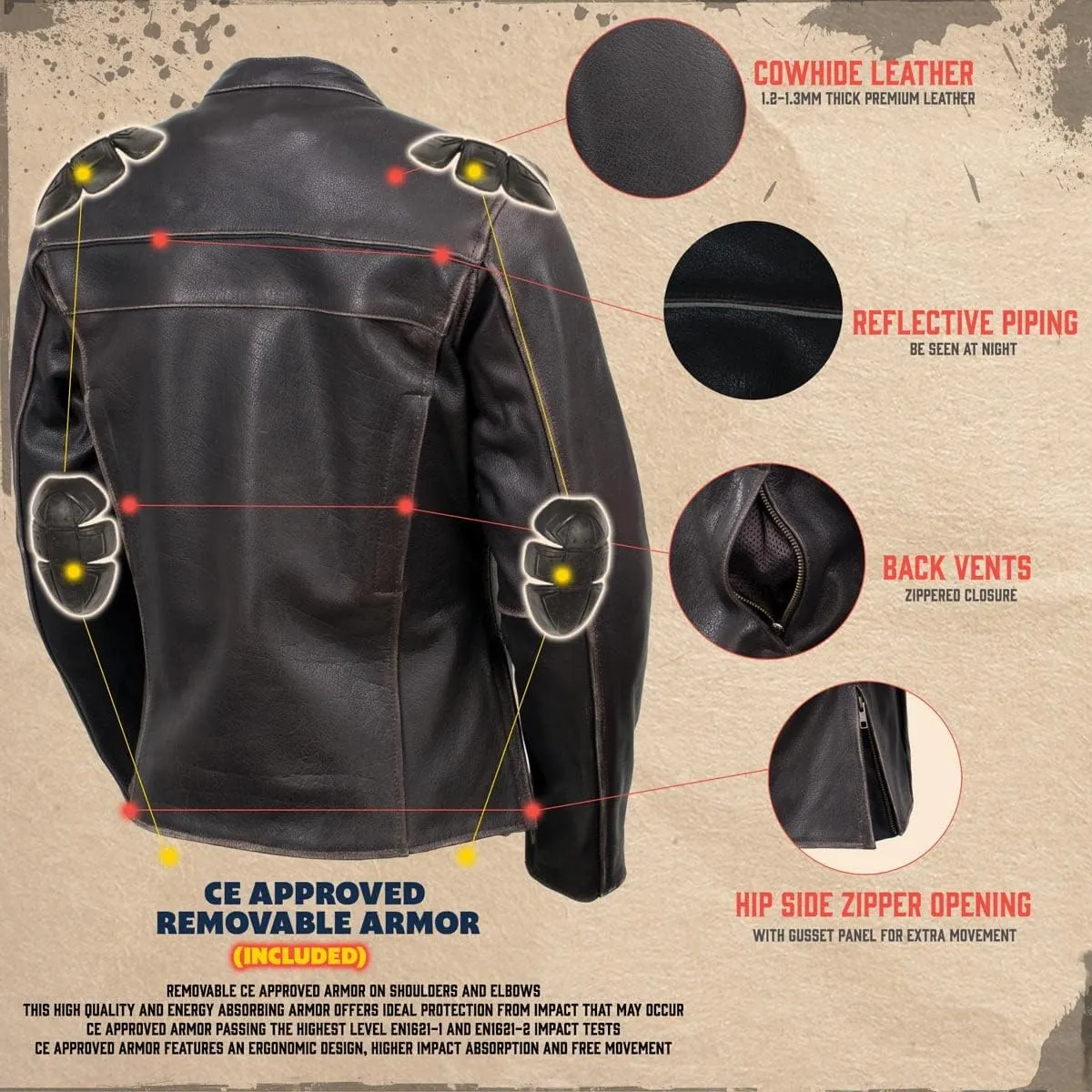 Milwaukee Leather LKL27006 Women's Premium Distress Brown Leather Motorcycle Biker Jacket w/CE Armor Protection - X-Large
