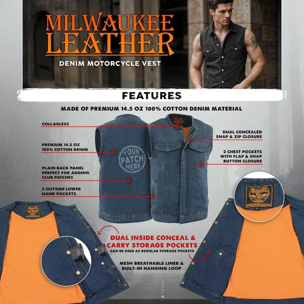 Milwaukee Leather MDM3001 Men's 'Covert' Black Denim Collarless Club Style Motorcycle Biker Vest w/Dual Closure