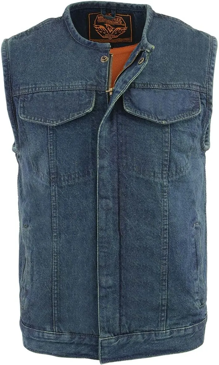 Milwaukee Leather MDM3001 Men's 'Covert' Black Denim Collarless Club Style Motorcycle Biker Vest w/Dual Closure