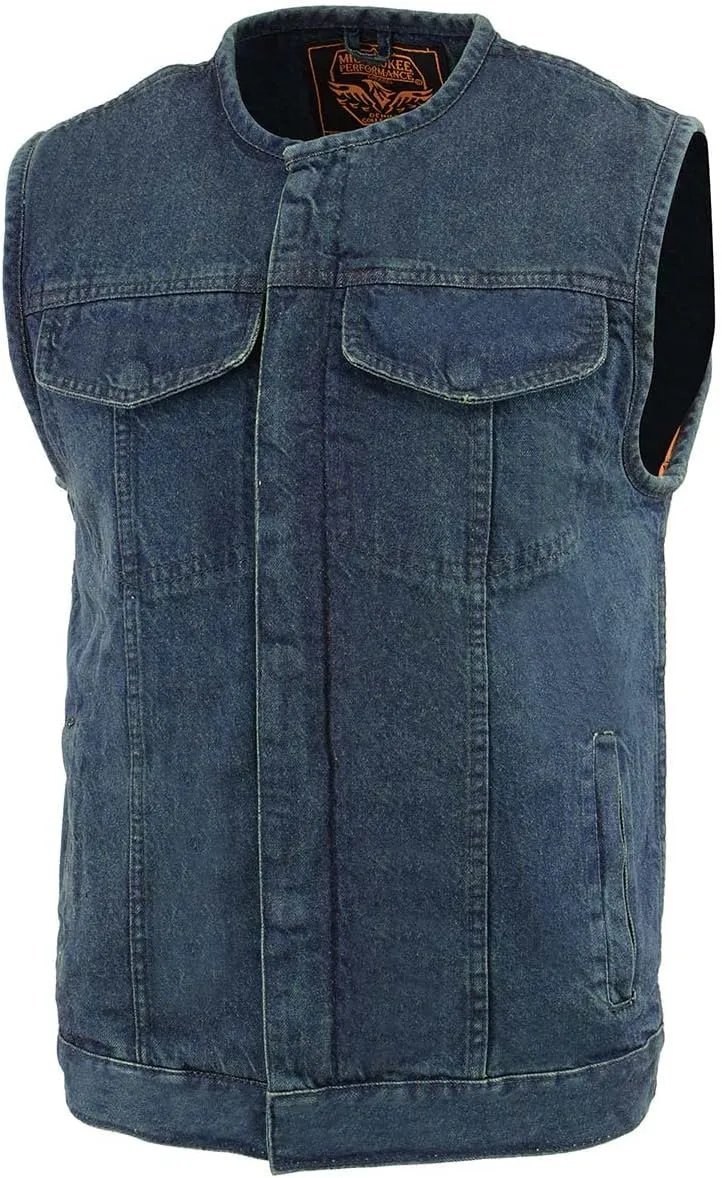 Milwaukee Leather MDM3001 Men's 'Covert' Black Denim Collarless Club Style Motorcycle Biker Vest w/Dual Closure
