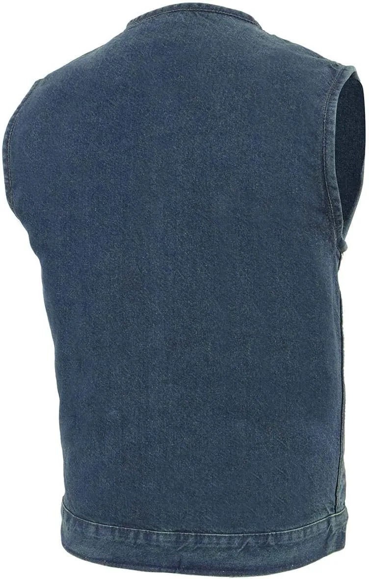Milwaukee Leather MDM3001 Men's 'Covert' Black Denim Collarless Club Style Motorcycle Biker Vest w/Dual Closure